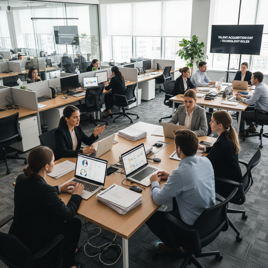 Modern technology office with professionals collaborating on software projects and digital solutions