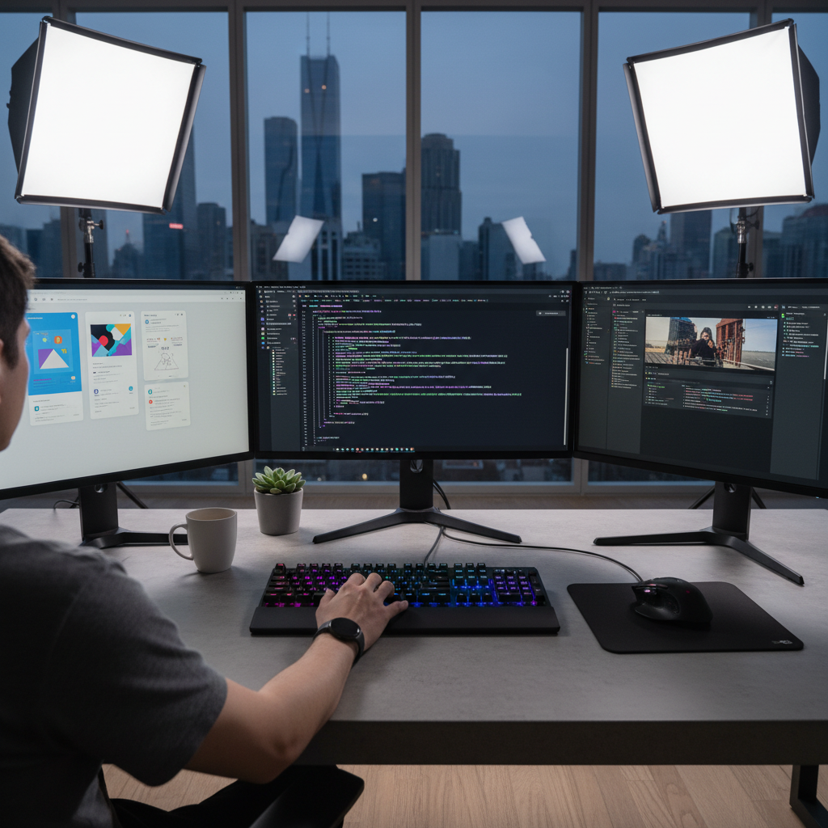 Software developer writing code on multiple monitors in a modern tech office