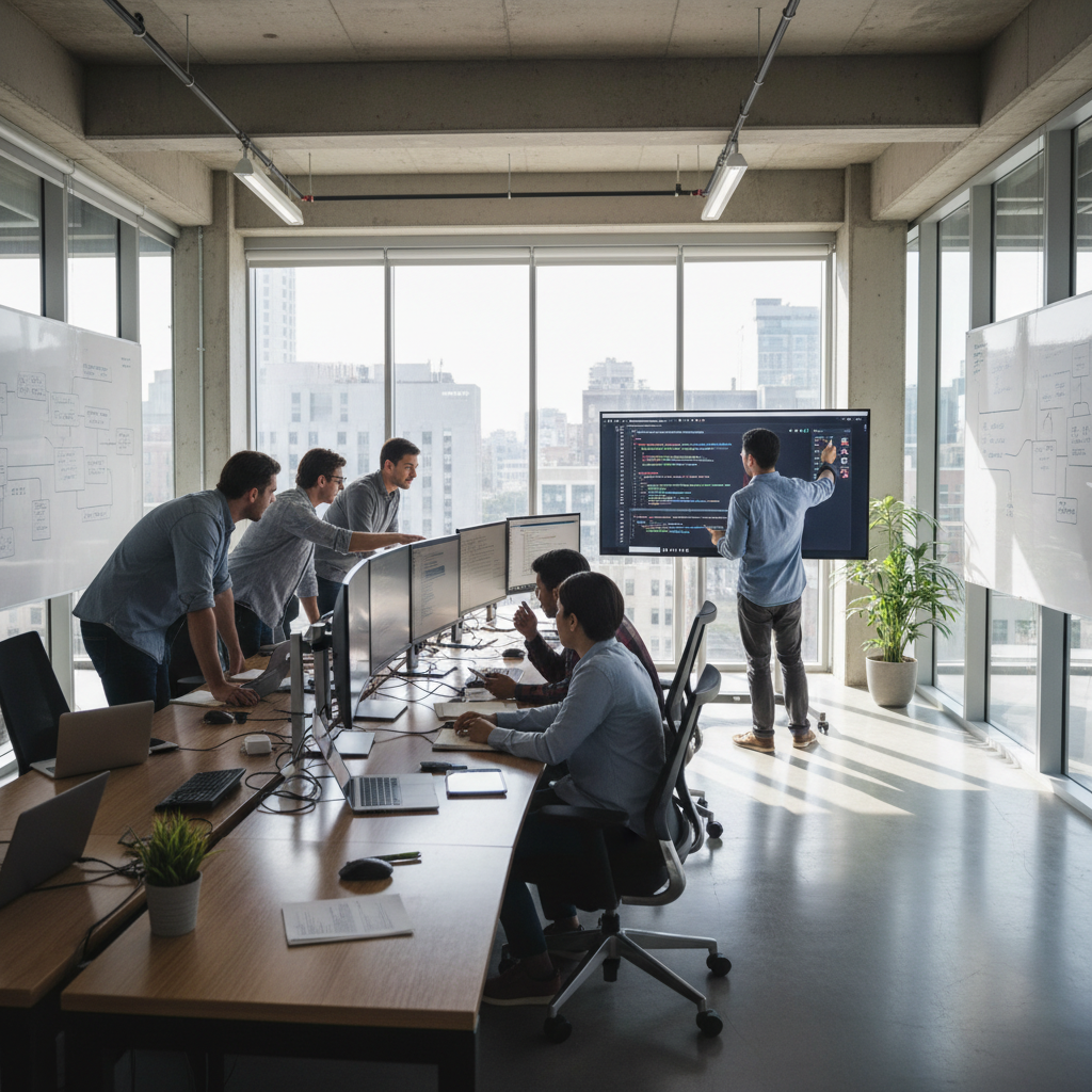 Software engineers reviewing code on laptops in a modern startup office environment