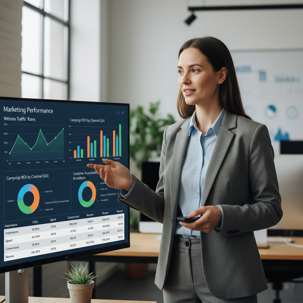 Business analytics dashboard on a laptop screen showing marketing performance data and charts
