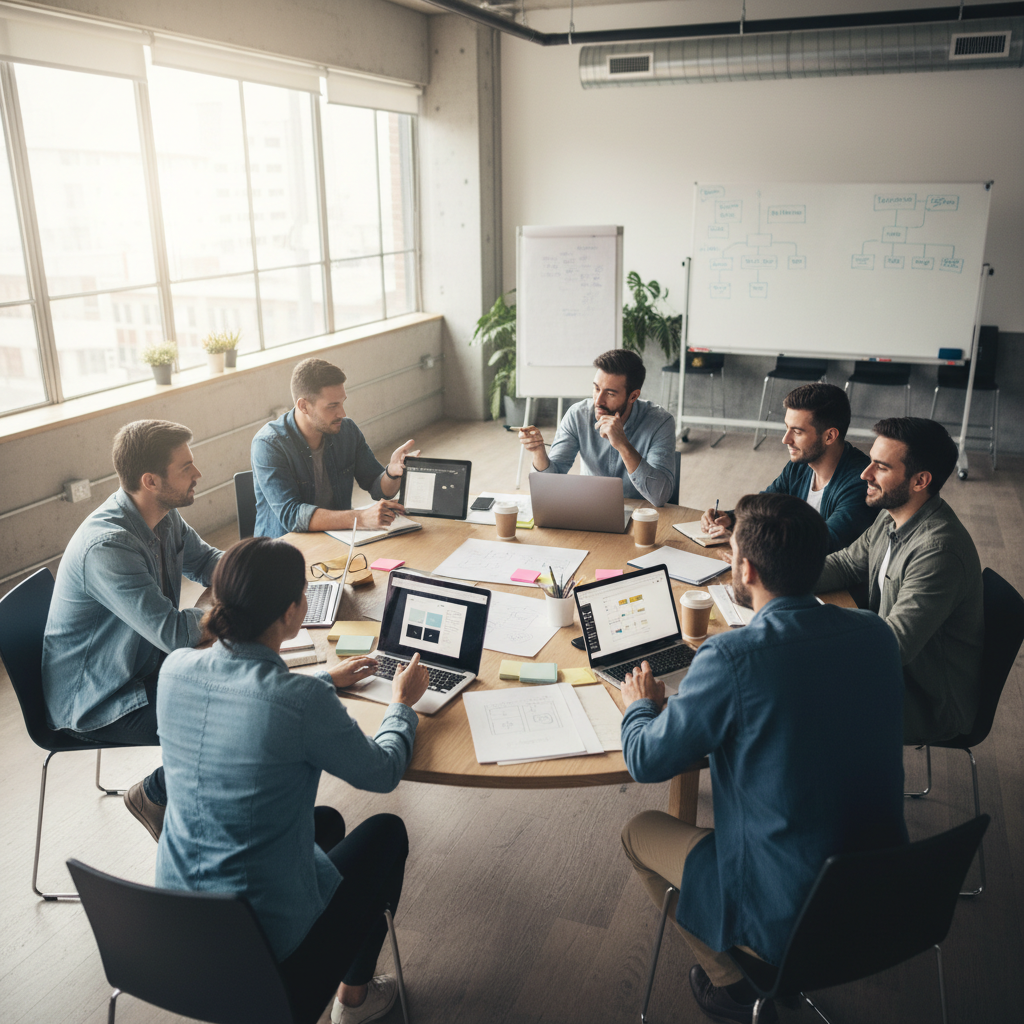 Diverse professional team collaborating around a conference table in a modern corporate office